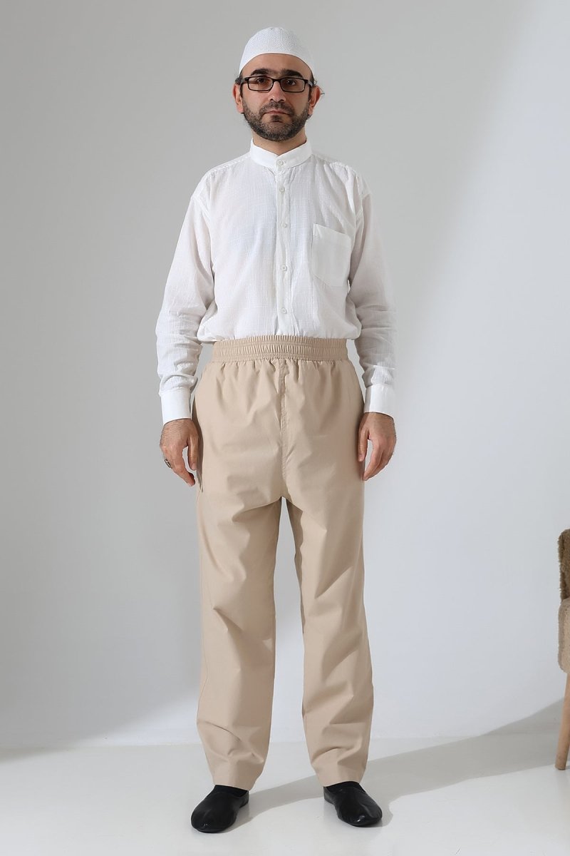 Men's Elastic Waistband Pocketed Hajj/Umrah Linen Harem Pants - Beige (VŞN) - ihvan