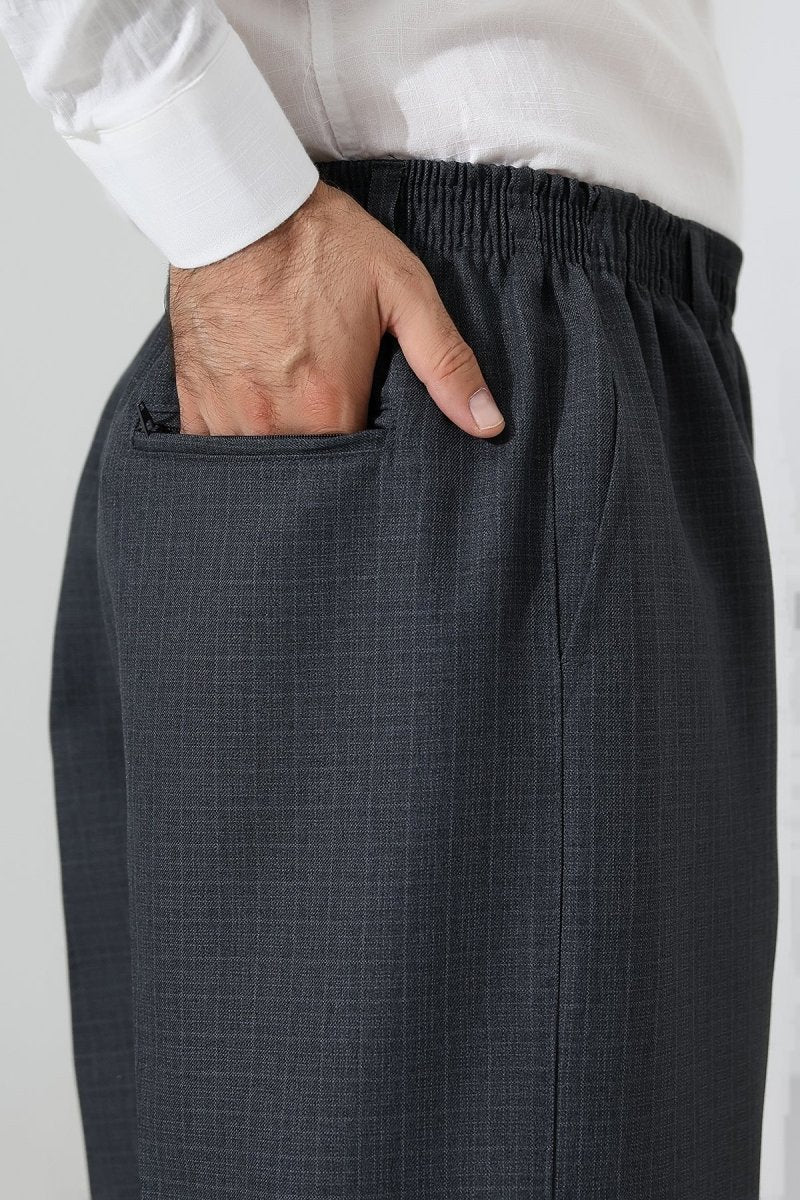 Men's Graf Plaid Fabric Harem Pants, Elastic Waistband with Pockets - Dark Gray (ISR) - ihvan