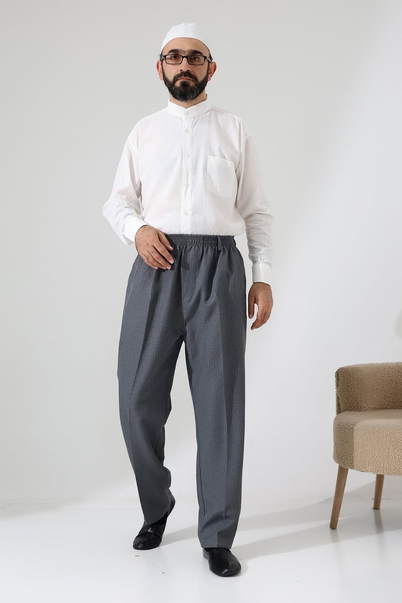 Men's Graf Plaid Fabric Harem Pants, Elastic Waistband with Pockets - Grey (ISR) - ihvan
