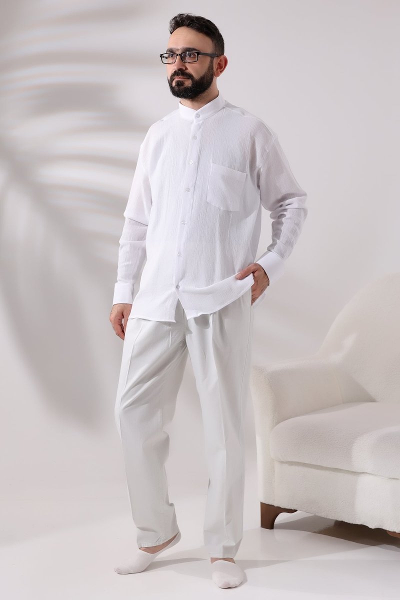 Men's Light Grey Relaxed Fit Linen Hajj and Umrah Harem Pants with Elastic Waistband - ihvan