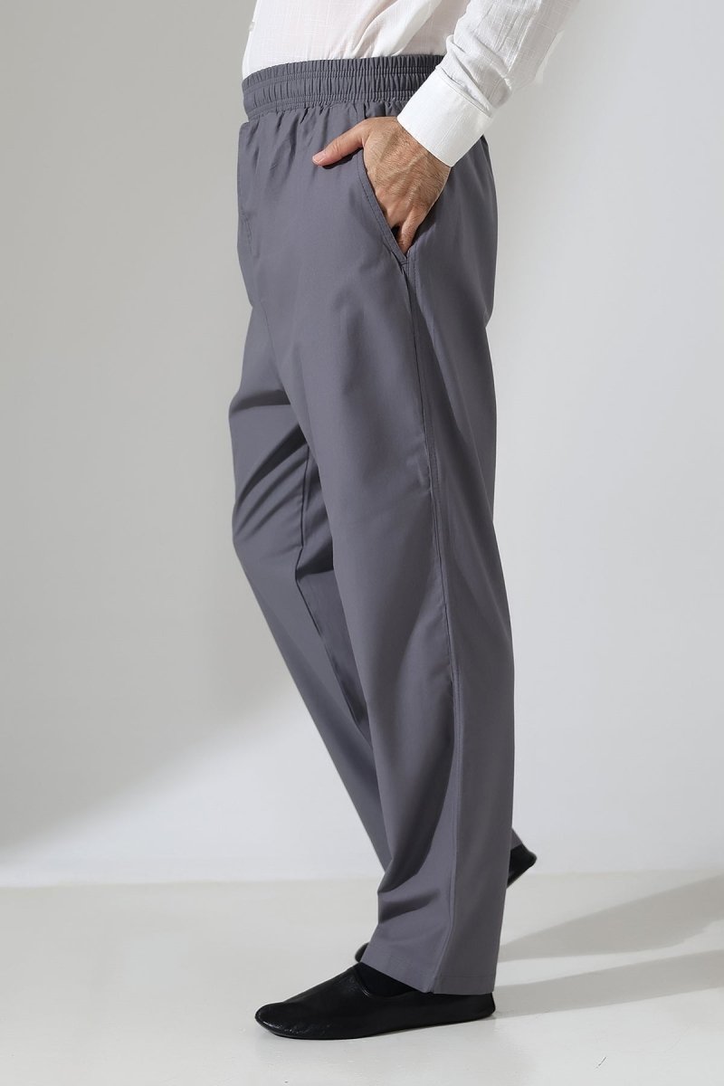 Men's Linen Harem Pants with Elastic Waistband and Pockets for Hajj and Umrah - Anthracite (VŞN) - ihvan