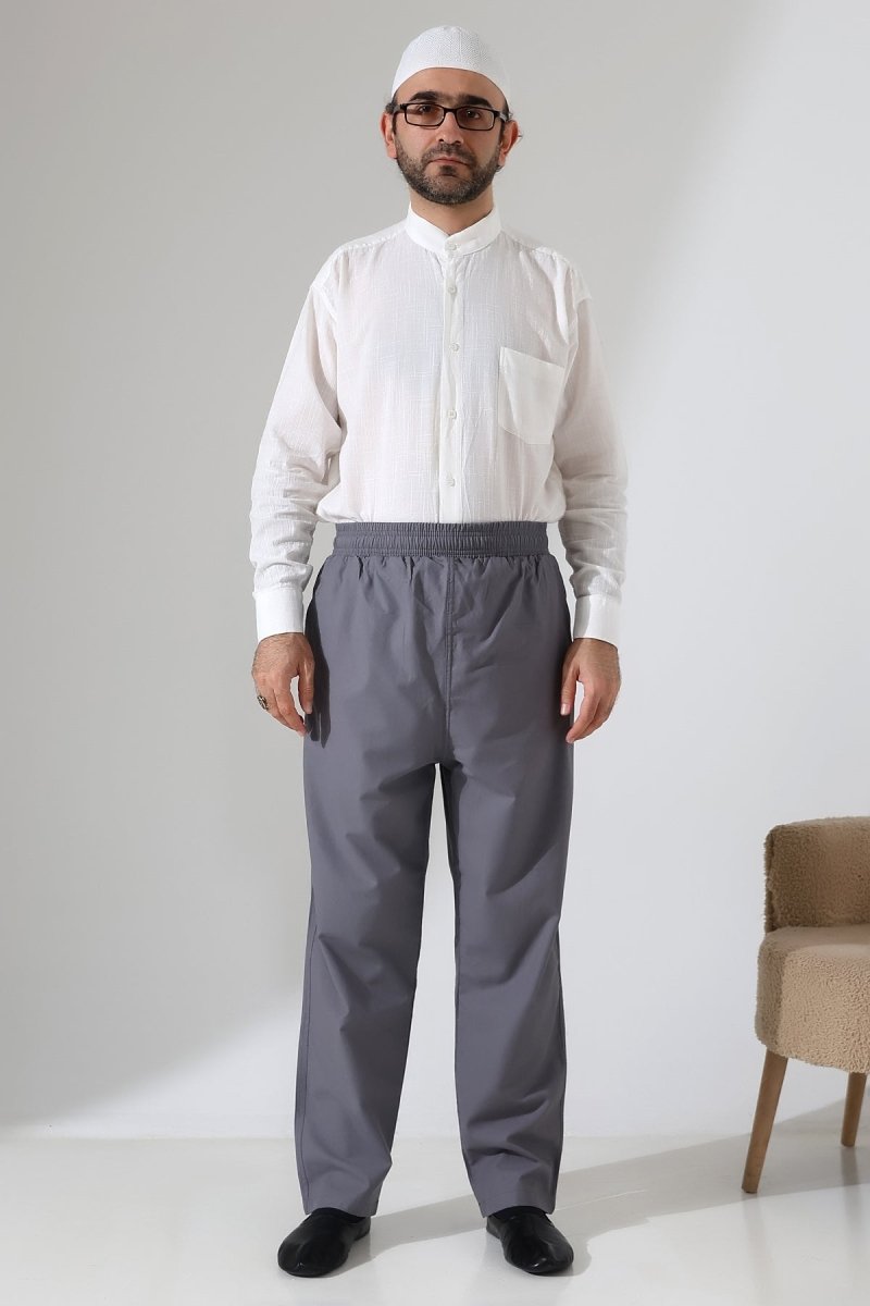 Men's Linen Harem Pants with Elastic Waistband and Pockets for Hajj and Umrah - Anthracite (VŞN) - ihvan