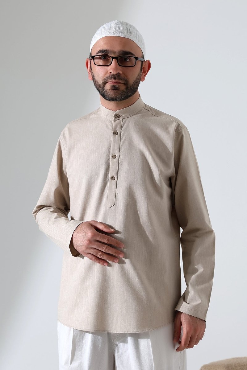 Men's Mandarin Collar Long-Sleeved Button-Down Linen Shirt, Beige (Vinyl) - ihvan
