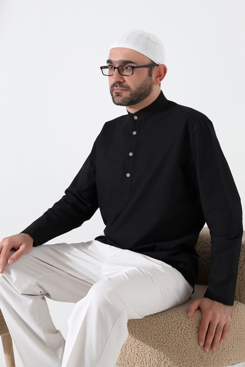 Men's Mandarin Collar Long-Sleeved Button-Down Linen Shirt Black (Vşn) - ihvan