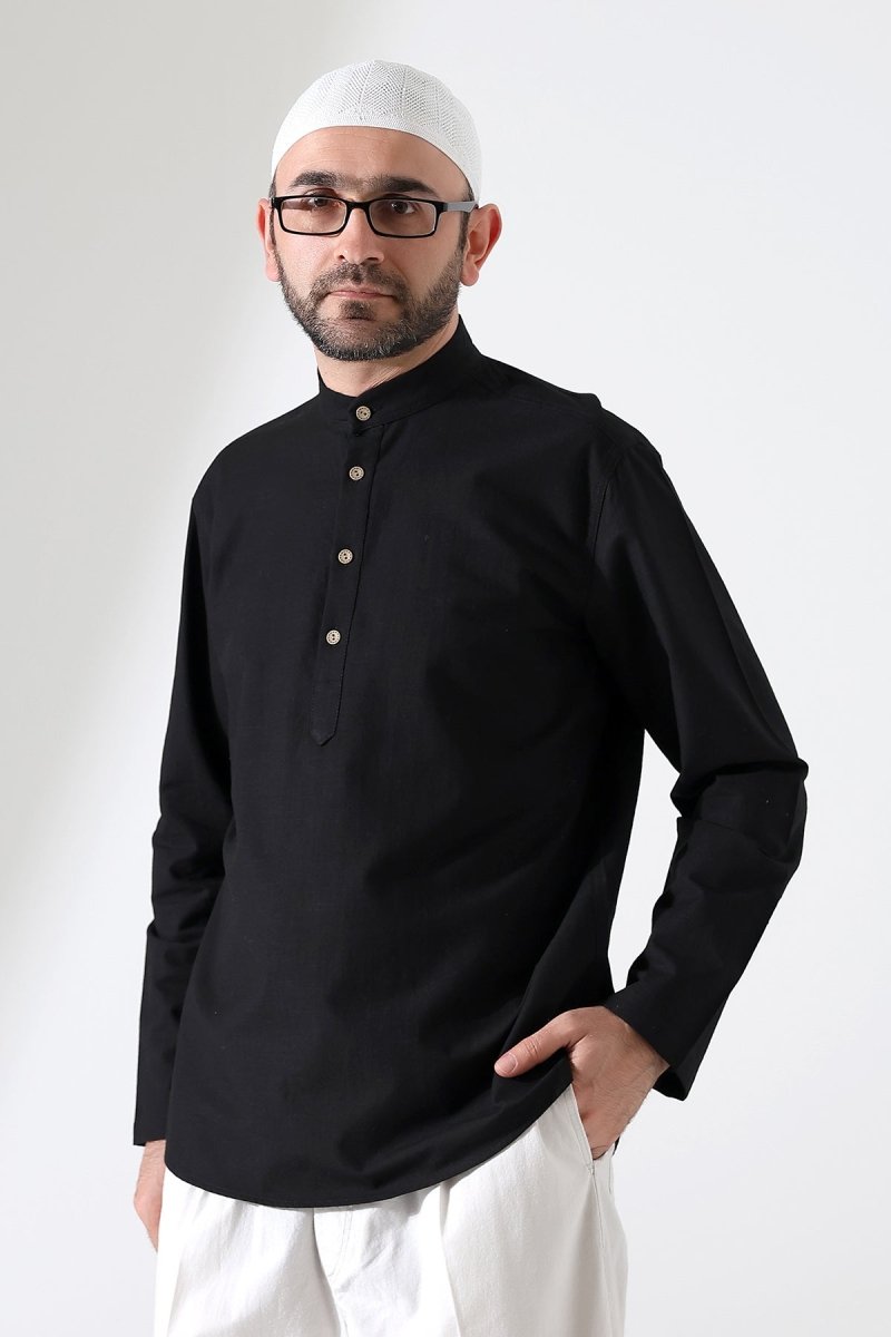 Men's Mandarin Collar Long-Sleeved Button-Down Linen Shirt Black (Vşn) - ihvan