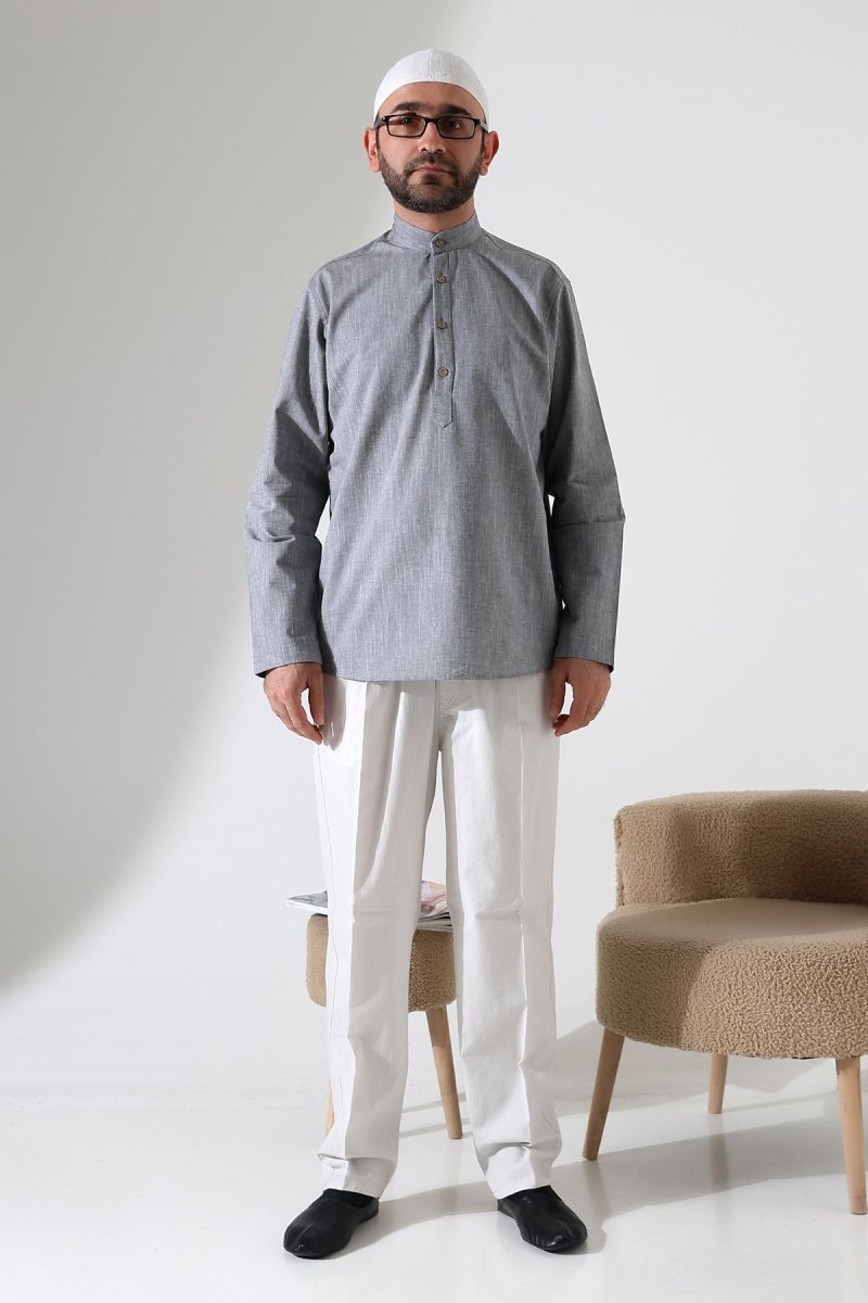 Men's Mandarin Collar Long-Sleeved Button-Down Linen Shirt Grey (Vinyl) - ihvan