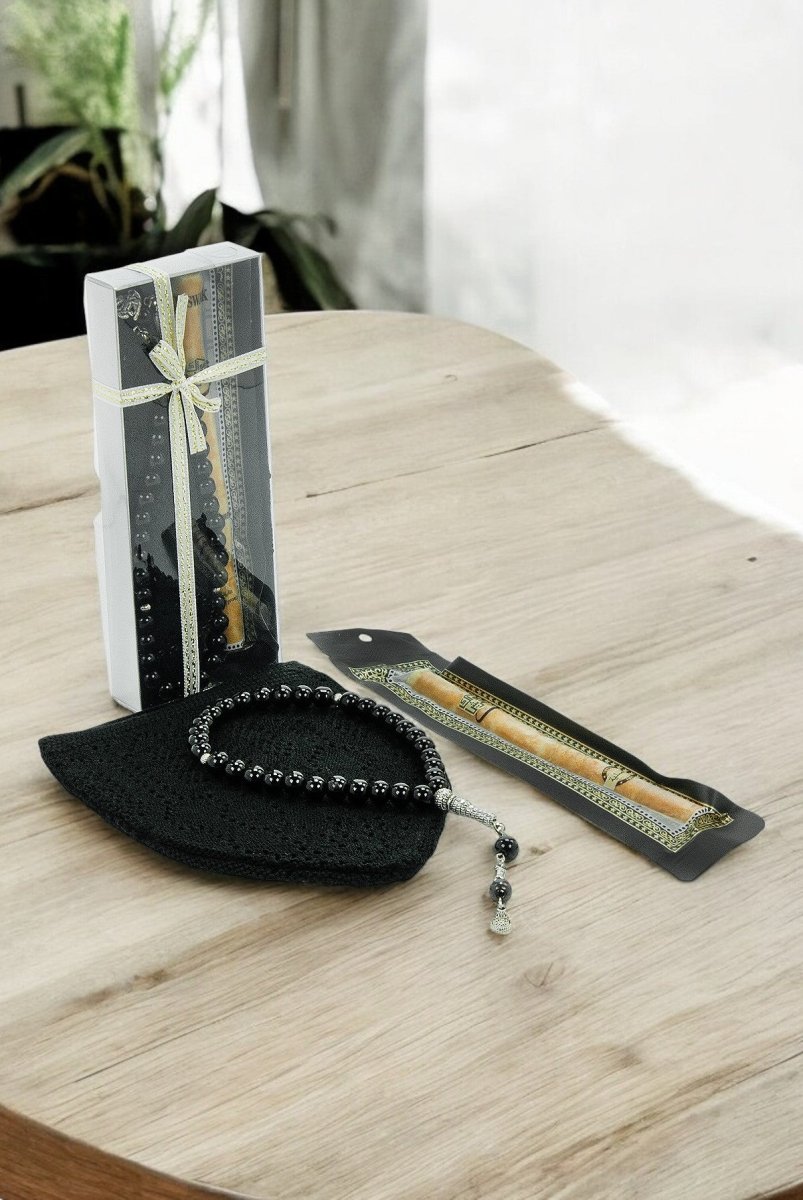 Men’s Muslim Kufi Hat Set with Tasbih Prayer Beads & Miswak, Islamic Gift for Ramadan, Eid Mubarak, Hajj & Umrah - ihvan