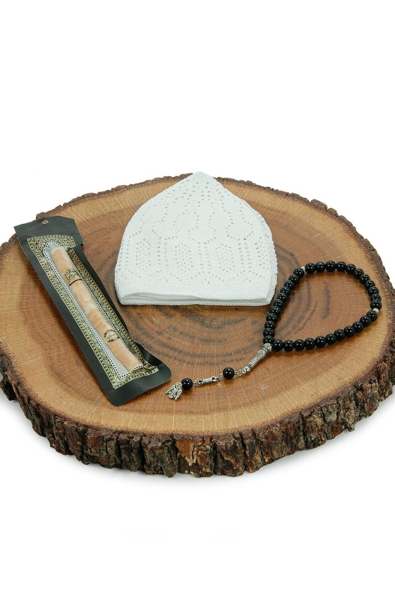 Men’s Muslim Kufi Hat Set with Tasbih Prayer Beads & Miswak, Islamic Gift for Ramadan, Eid Mubarak, Hajj & Umrah - ihvan