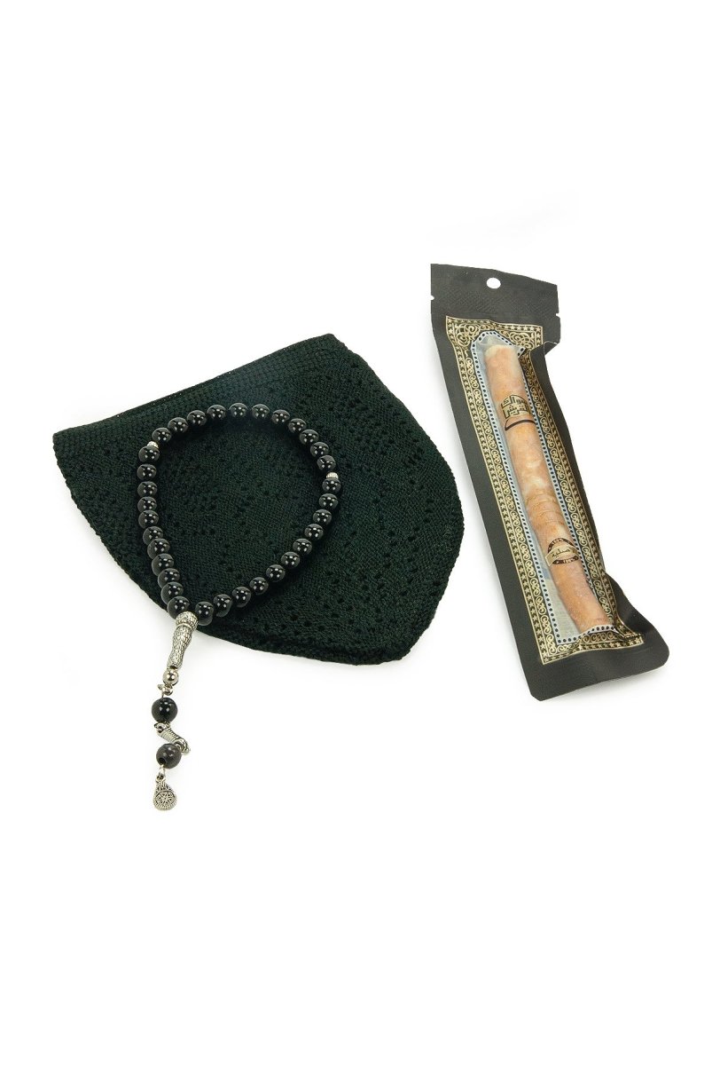 Men’s Muslim Kufi Hat Set with Tasbih Prayer Beads & Miswak, Islamic Gift for Ramadan, Eid Mubarak, Hajj & Umrah - ihvan