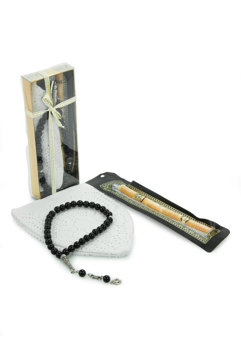 Men’s Muslim Kufi Hat Set with Tasbih Prayer Beads & Miswak, Islamic Gift for Ramadan, Eid Mubarak, Hajj & Umrah - ihvan
