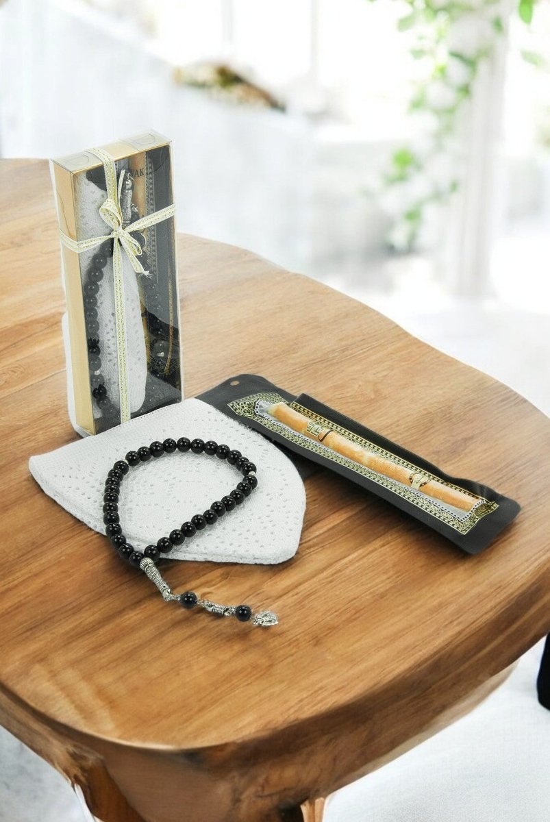 Men’s Muslim Kufi Hat Set with Tasbih Prayer Beads & Miswak, Islamic Gift for Ramadan, Eid Mubarak, Hajj & Umrah - ihvan