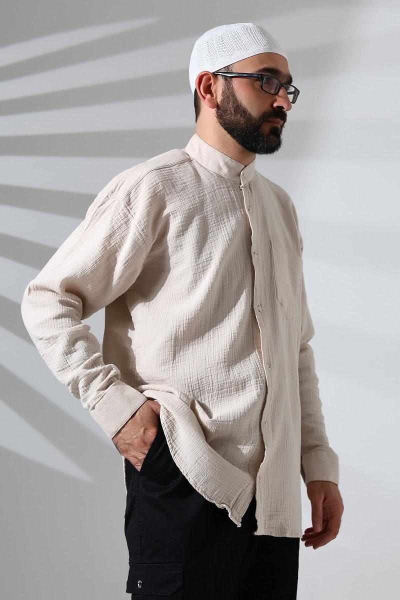 Men's Muslin Shirt, Mandarin Collar, Long Sleeves, Breathable Cotton, Beige - ihvan