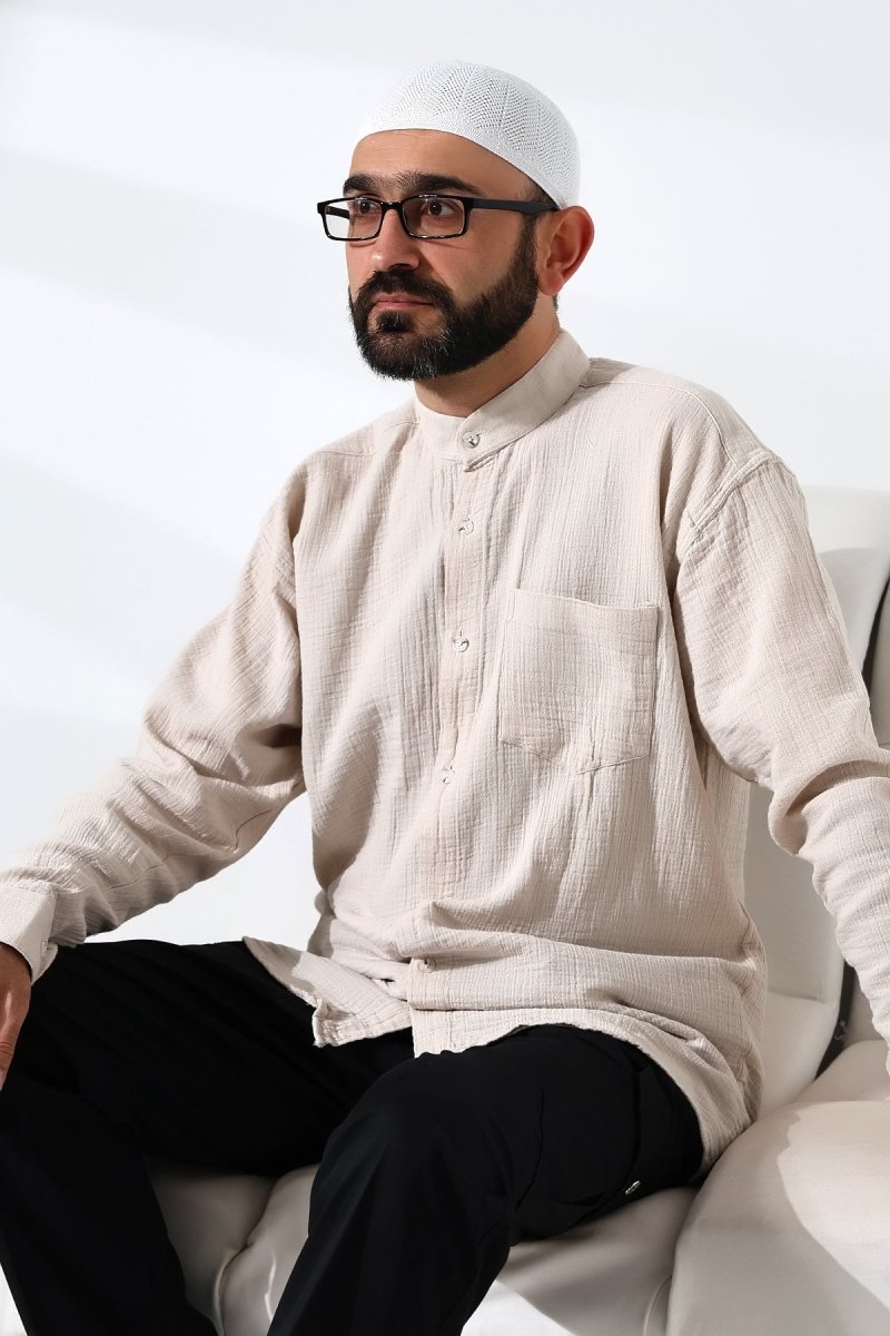 Men's Muslin Shirt, Mandarin Collar, Long Sleeves, Breathable Cotton, Beige - ihvan