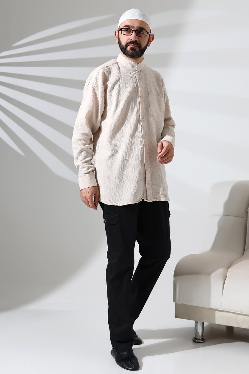 Men's Muslin Shirt, Mandarin Collar, Long Sleeves, Breathable Cotton, Beige - ihvan