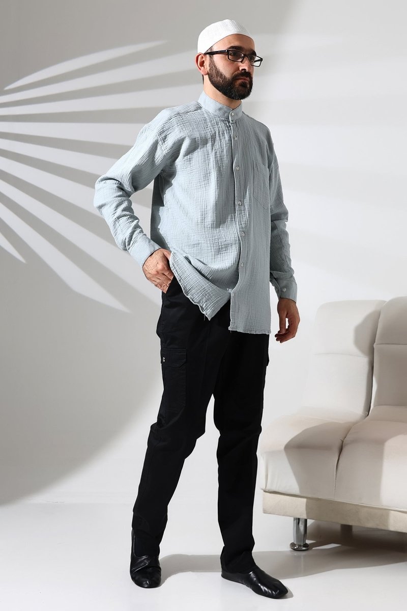 Men's Muslin Shirt, Mandarin Collar, Long Sleeves, Breathable Cotton Fabric, Blue - ihvan