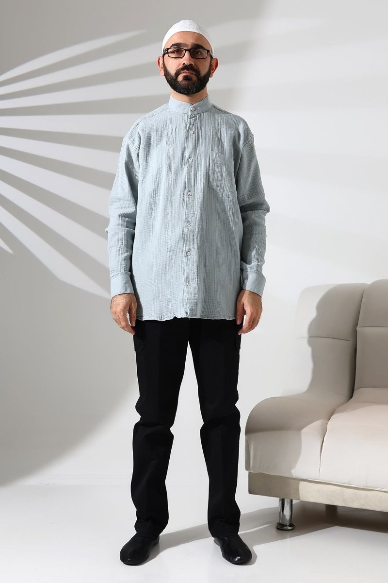 Men's Muslin Shirt, Mandarin Collar, Long Sleeves, Breathable Cotton Fabric, Blue - ihvan