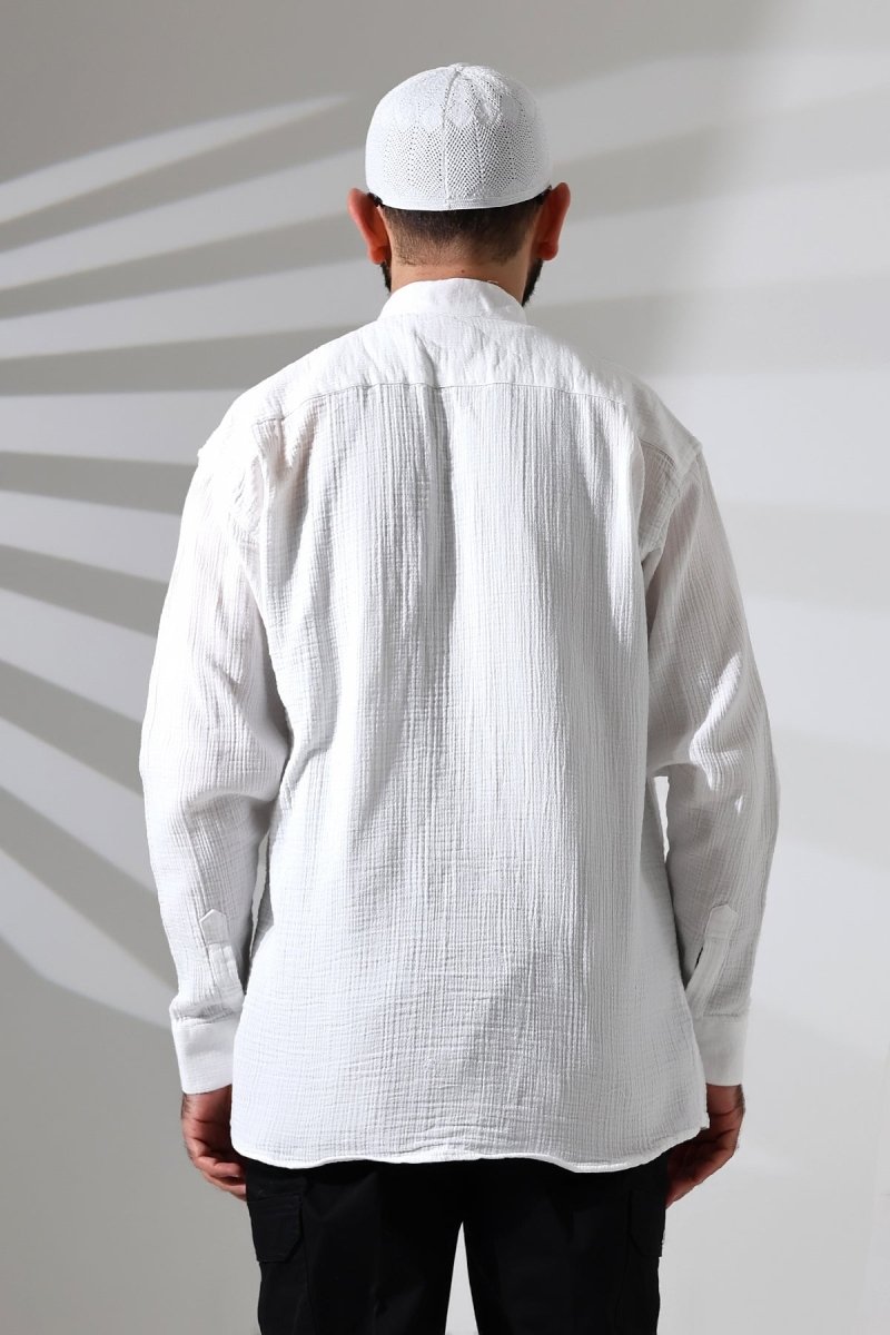 Men's Muslin Shirt, Mandarin Collar, Long Sleeves, Breathable Cotton, White - ihvan