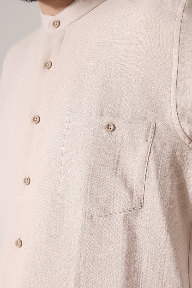 Men's Muslin Shirt, Mandarin Collar, Long Sleeves, Cotton Hajj/Umrah Shirt - Beige (ANS) - ihvan