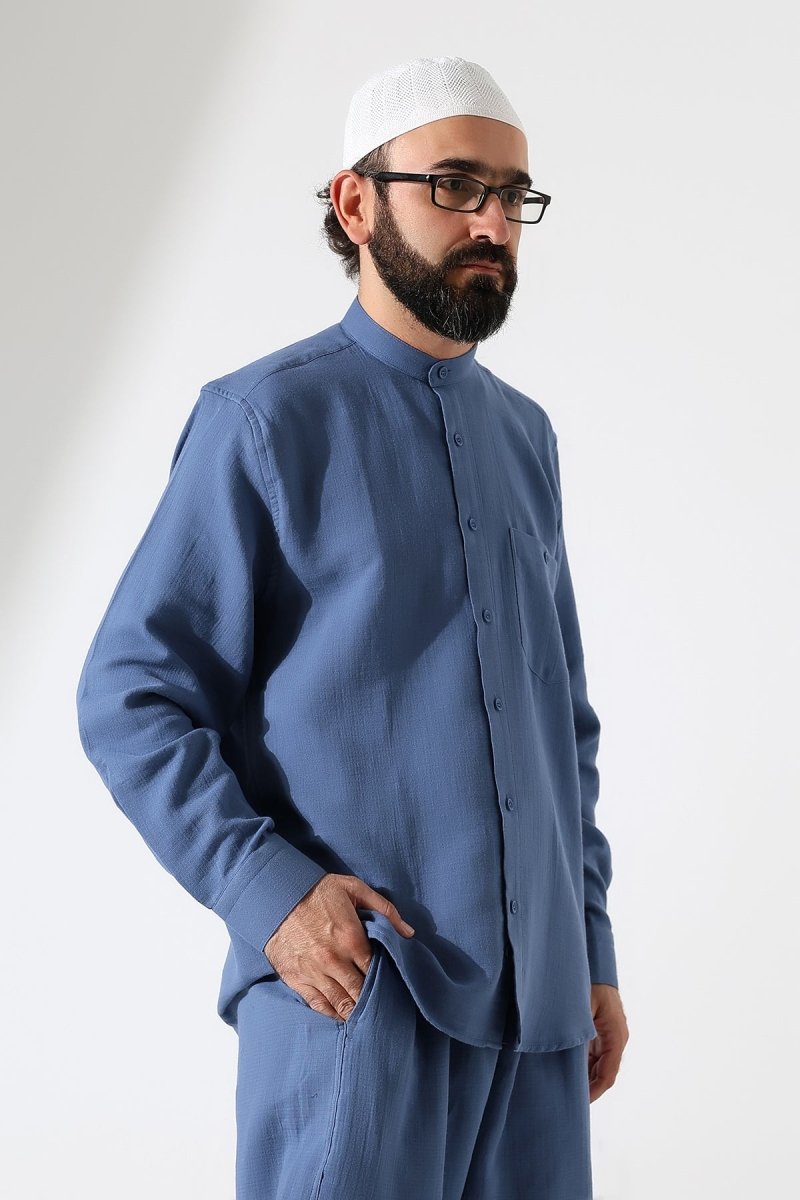 Men's Muslin Shirt, Mandarin Collar, Long Sleeves, Cotton Hajj/Umrah Shirt - Blue (ANS) - ihvan