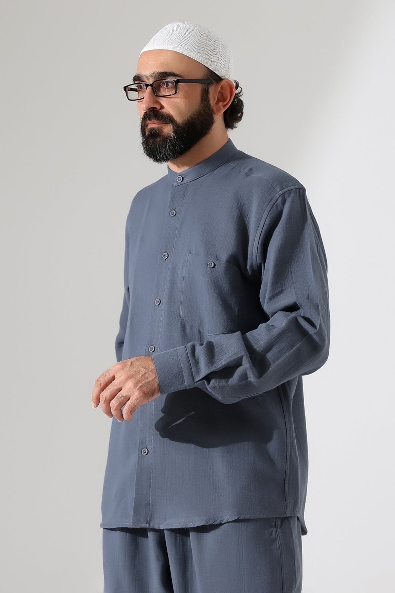 Men's Muslin Shirt, Mandarin Collar, Long Sleeves, Cotton Hajj/Umrah Shirt - Dark Gray (ANS) - ihvan