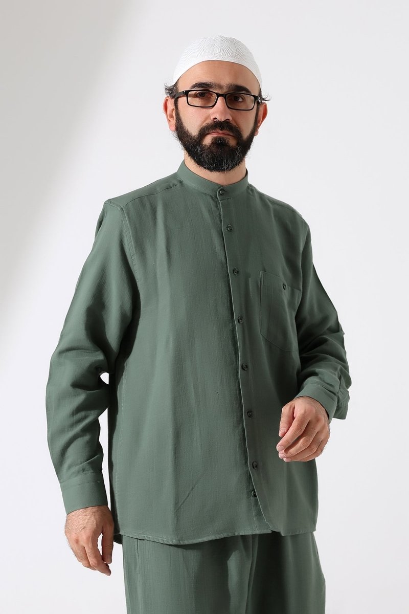 Men's Muslin Shirt, Mandarin Collar, Long Sleeves, Cotton Hajj/Umrah Shirt - Green (ANS) - ihvan