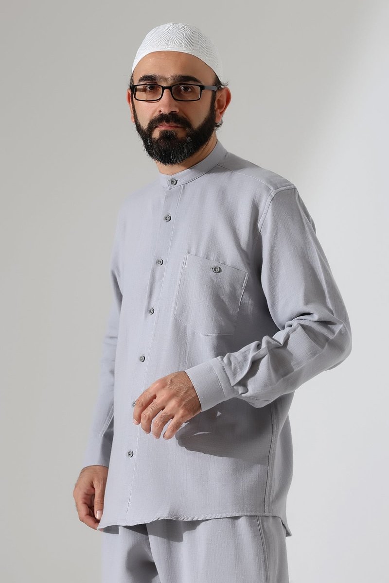 Men's Muslin Shirt, Mandarin Collar, Long Sleeves, Cotton Hajj/Umrah Shirt - Grey (ANS) - ihvan