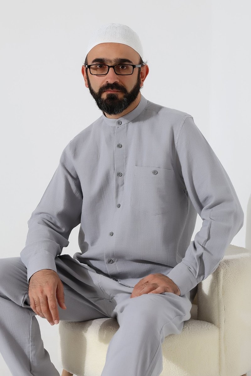 Men's Muslin Shirt, Mandarin Collar, Long Sleeves, Cotton Hajj/Umrah Shirt - Grey (ANS) - ihvan