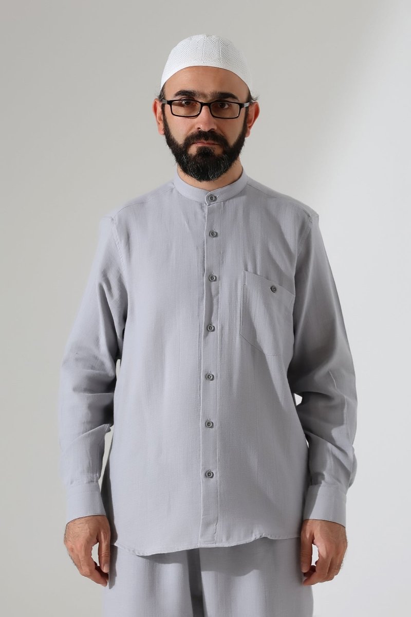 Men's Muslin Shirt, Mandarin Collar, Long Sleeves, Cotton Hajj/Umrah Shirt - Grey (ANS) - ihvan