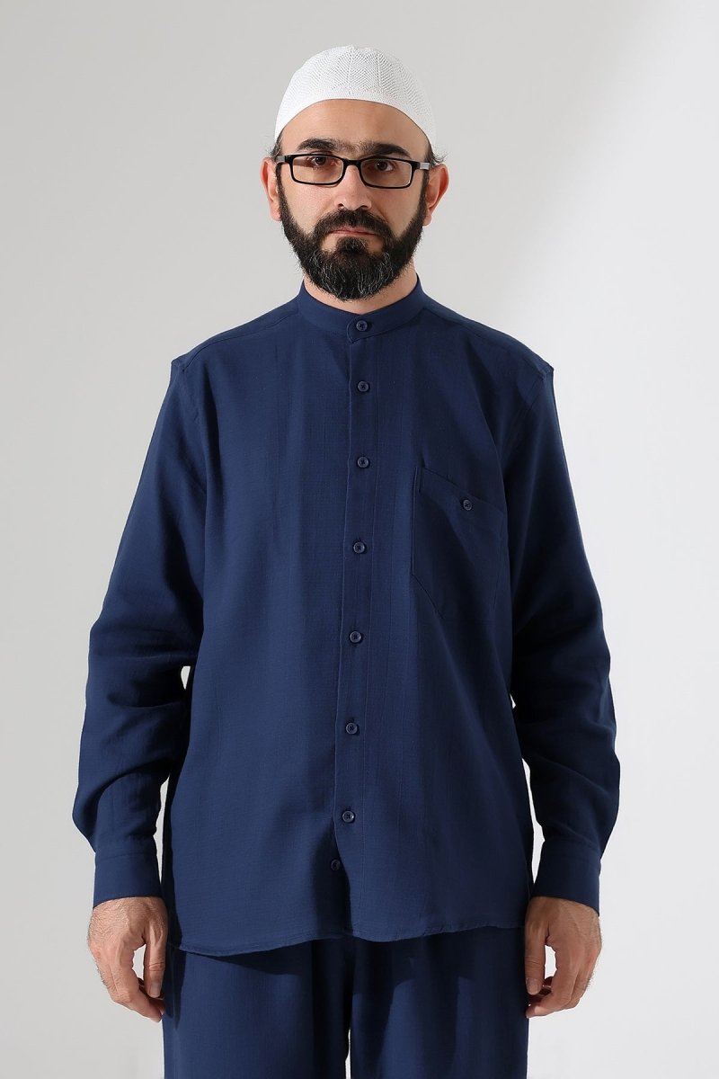 Men's Muslin Shirt, Mandarin Collar, Long Sleeves, Cotton Hajj/Umrah Shirt - Navy Blue (ANS) - ihvan