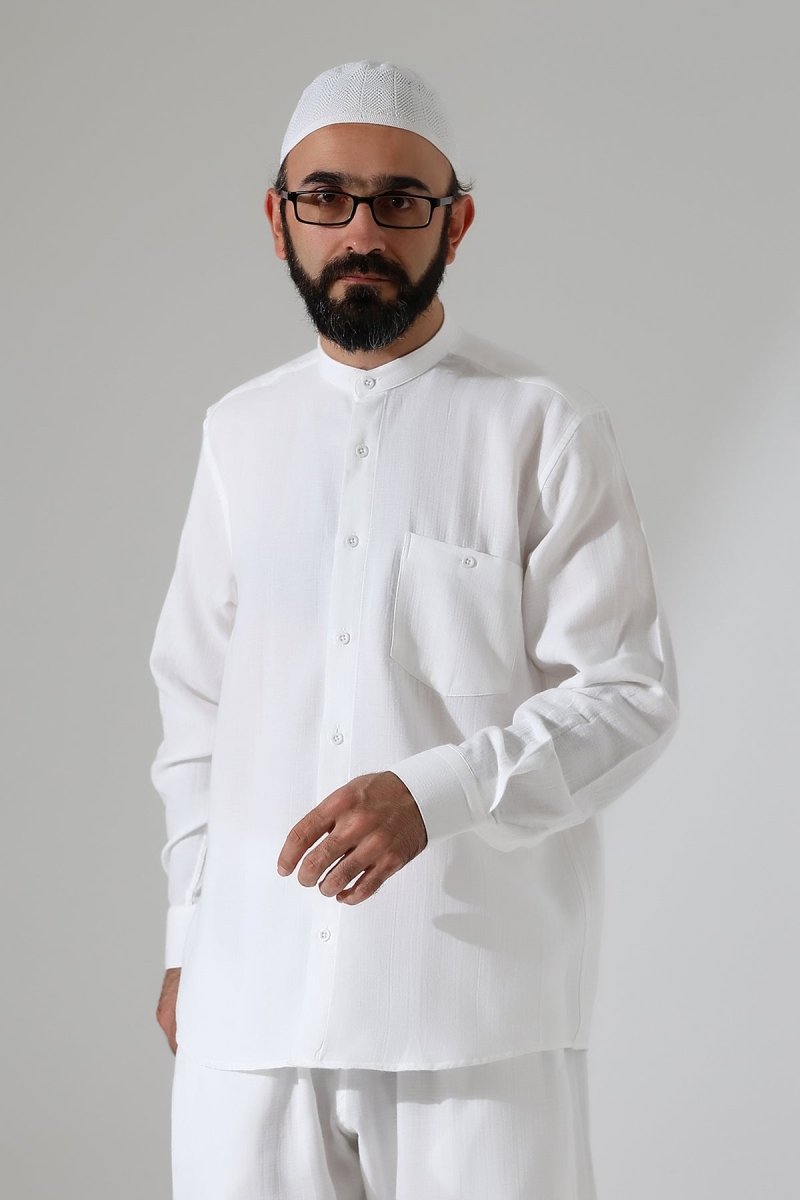 Men's Muslin Shirt, Mandarin Collar, Long Sleeves, Cotton Hajj/Umrah Shirt - White (ANS) - ihvan
