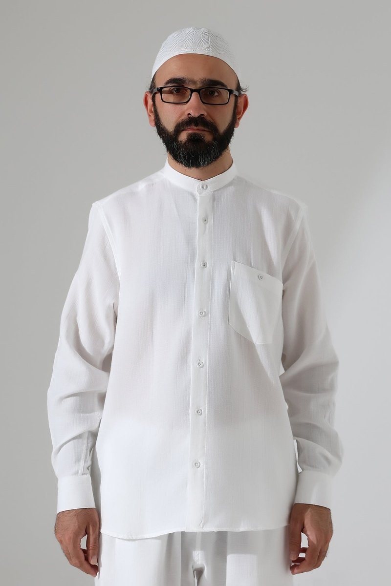Men's Muslin Shirt, Mandarin Collar, Long Sleeves, Cotton Hajj/Umrah Shirt - White (ANS) - ihvan