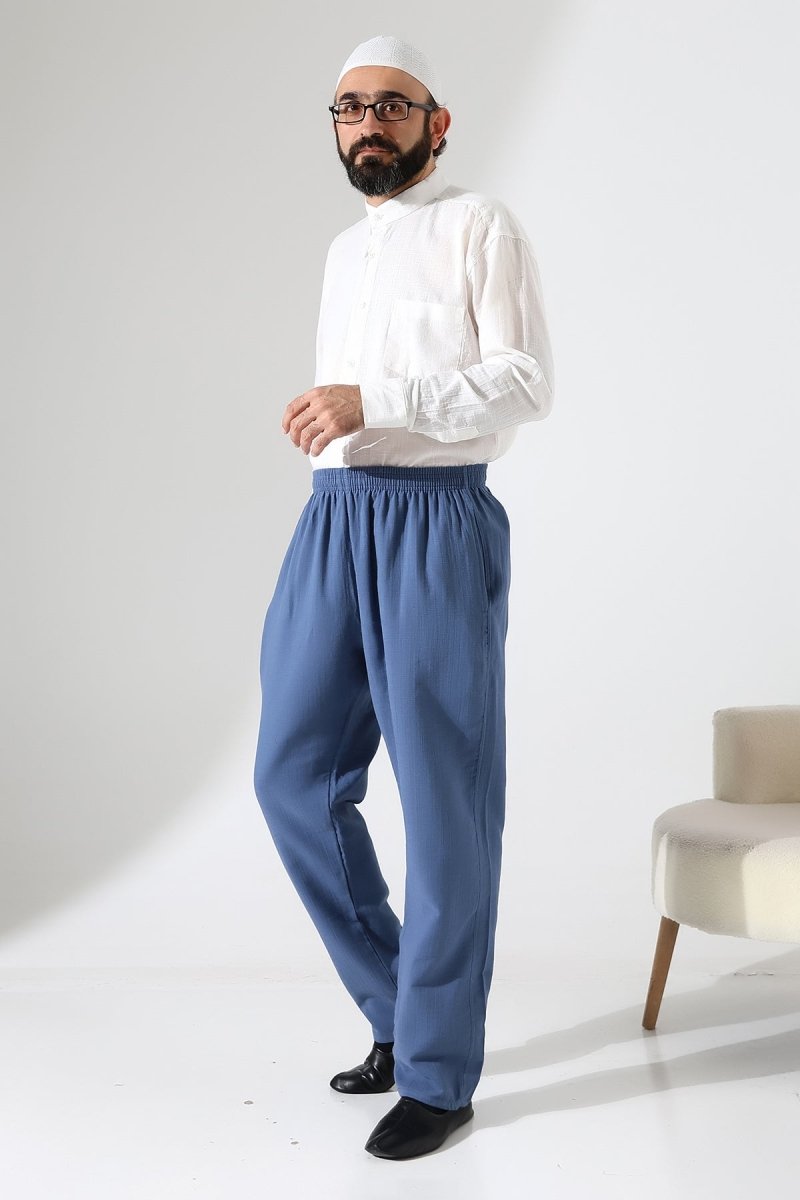 Men's Muslin Trousers, Cotton, Elastic Waistband, Hajj/Umrah Trousers - Blue (ANS) - ihvan