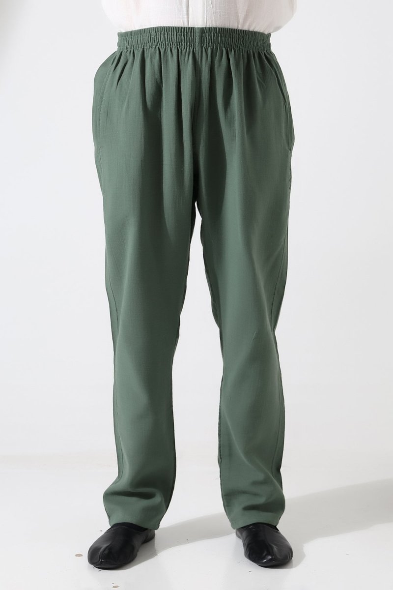 Men's Muslin Trousers, Cotton, Elastic Waistband, Hajj/Umrah Trousers - Green (ANS) - ihvan
