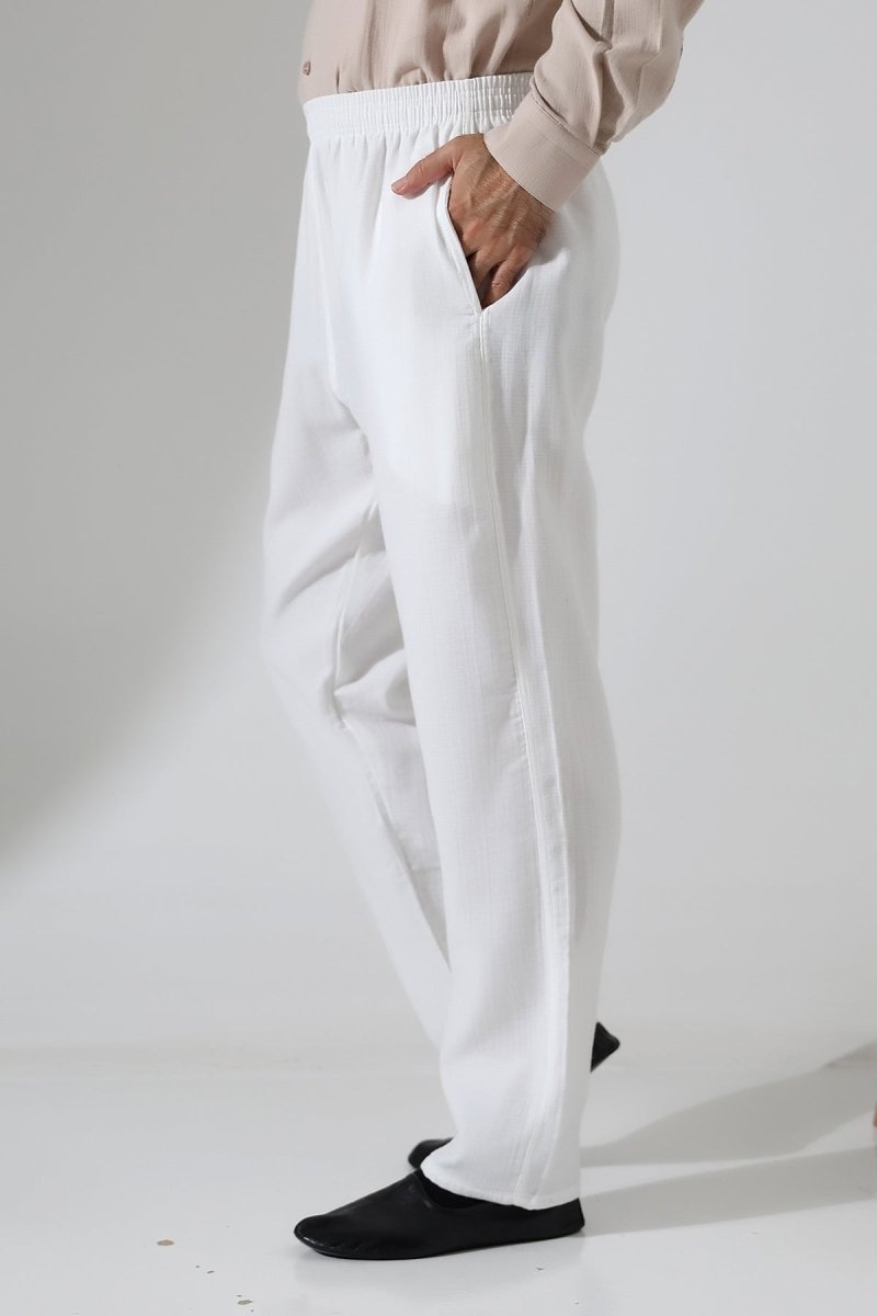 Men's Muslin Trousers, Cotton, Elastic Waistband, Hajj/Umrah Trousers - White (ANS) - ihvan