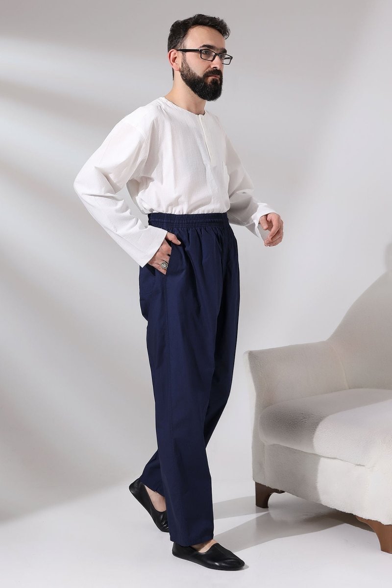 Men's Navy Blue Çınar Relaxed Fit Linen Harem Pants with Elastic Waistband, Suitable for Hajj and Umrah - ihvan