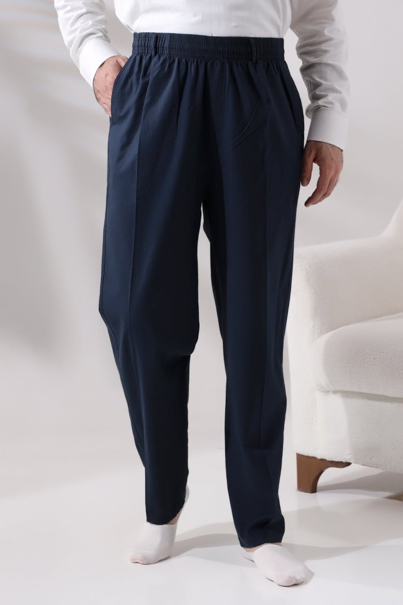 Men's Navy Blue Relaxed Fit Linen Hajj and Umrah Harem Pants with Elastic Waistband - ihvan