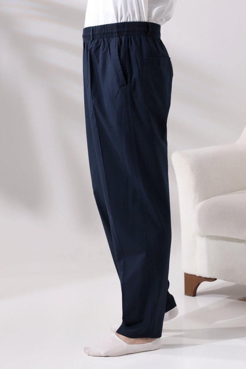 Men's Navy Blue Relaxed Fit Linen Hajj and Umrah Harem Pants with Elastic Waistband - ihvan