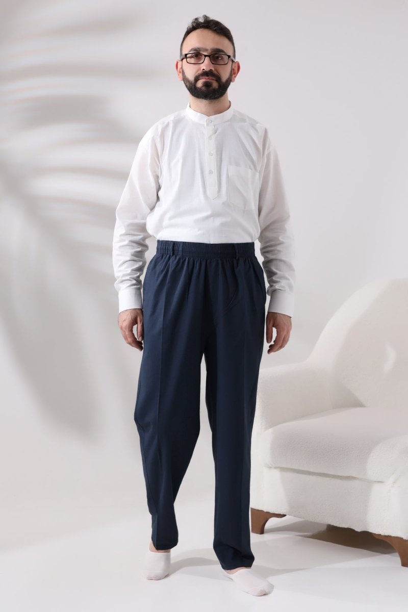Men's Navy Blue Relaxed Fit Linen Hajj and Umrah Harem Pants with Elastic Waistband - ihvan