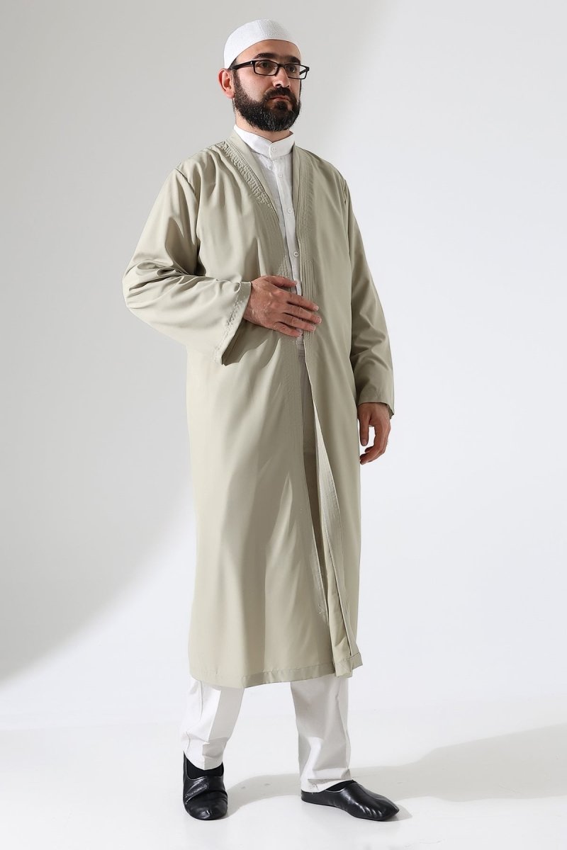 Men's Prayer Robe, Bukhara Collar, Pocketed Prayer Robe, Beige - (Brt) - ihvan