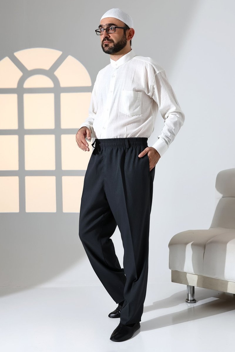 Men's Relaxed Fit Elastic Waistband Pocketed Fabric Harem Pants for Hajj and Umrah - Anthracite (ISR) - ihvan
