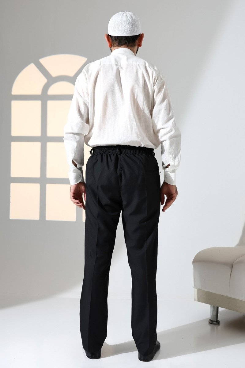 Men's Relaxed Fit Elastic Waistband Pocketed Fabric Harem Pants for Hajj and Umrah - Black (ISR) - ihvan