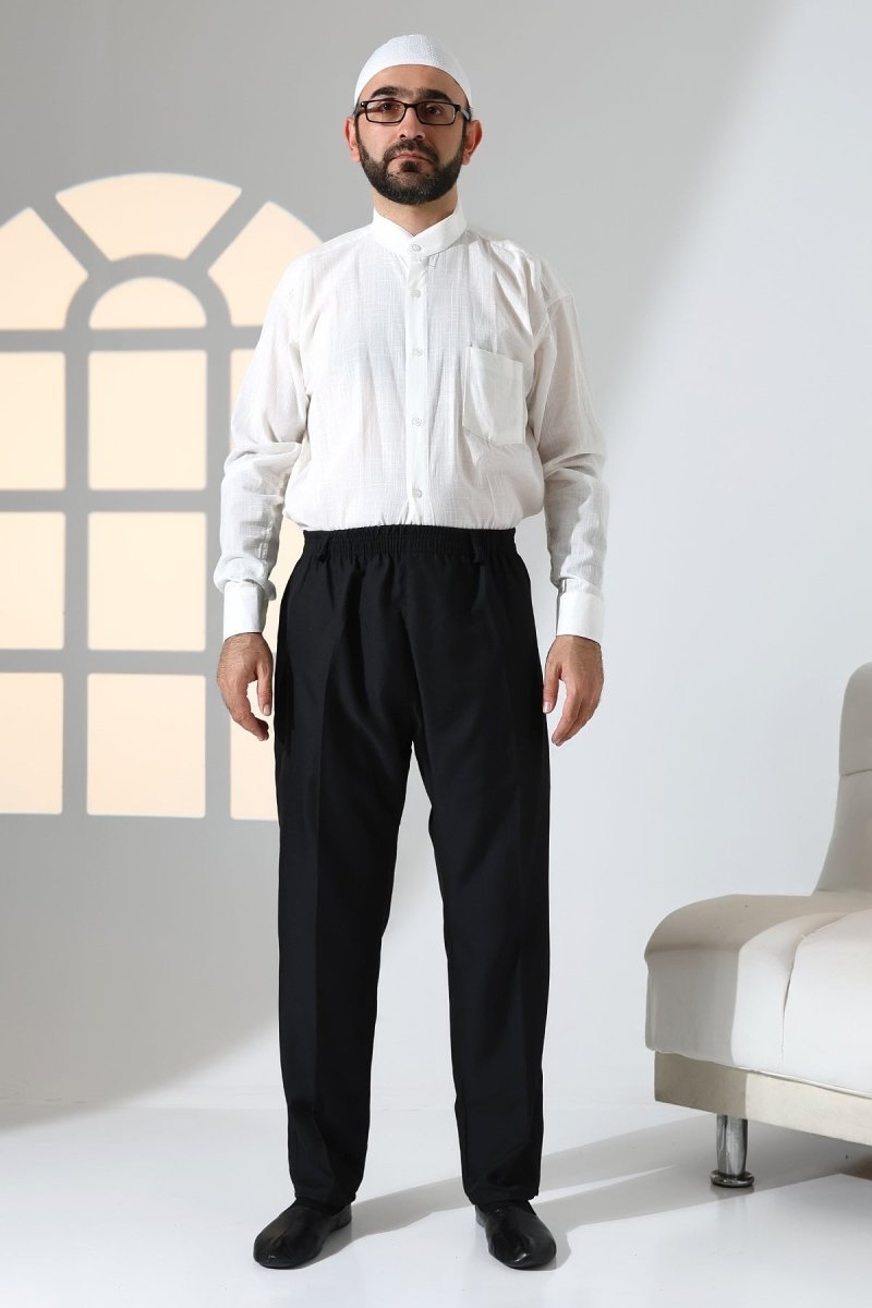 Men's Relaxed Fit Elastic Waistband Pocketed Fabric Harem Pants for Hajj and Umrah - Black (ISR) - ihvan