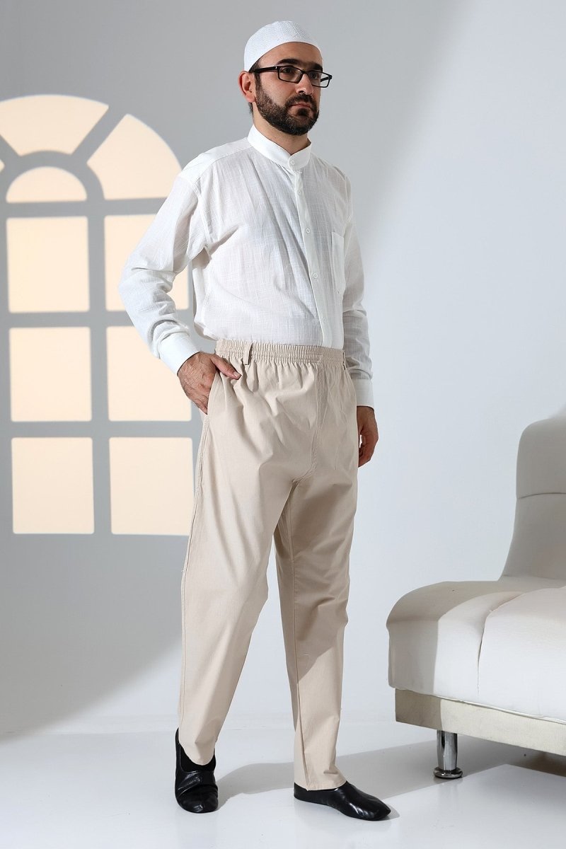 Men's Relaxed Fit Linen Harem Pants with Elastic Waist and Pockets, Suitable for Hajj and Umrah - Beige (KRK) - ihvan