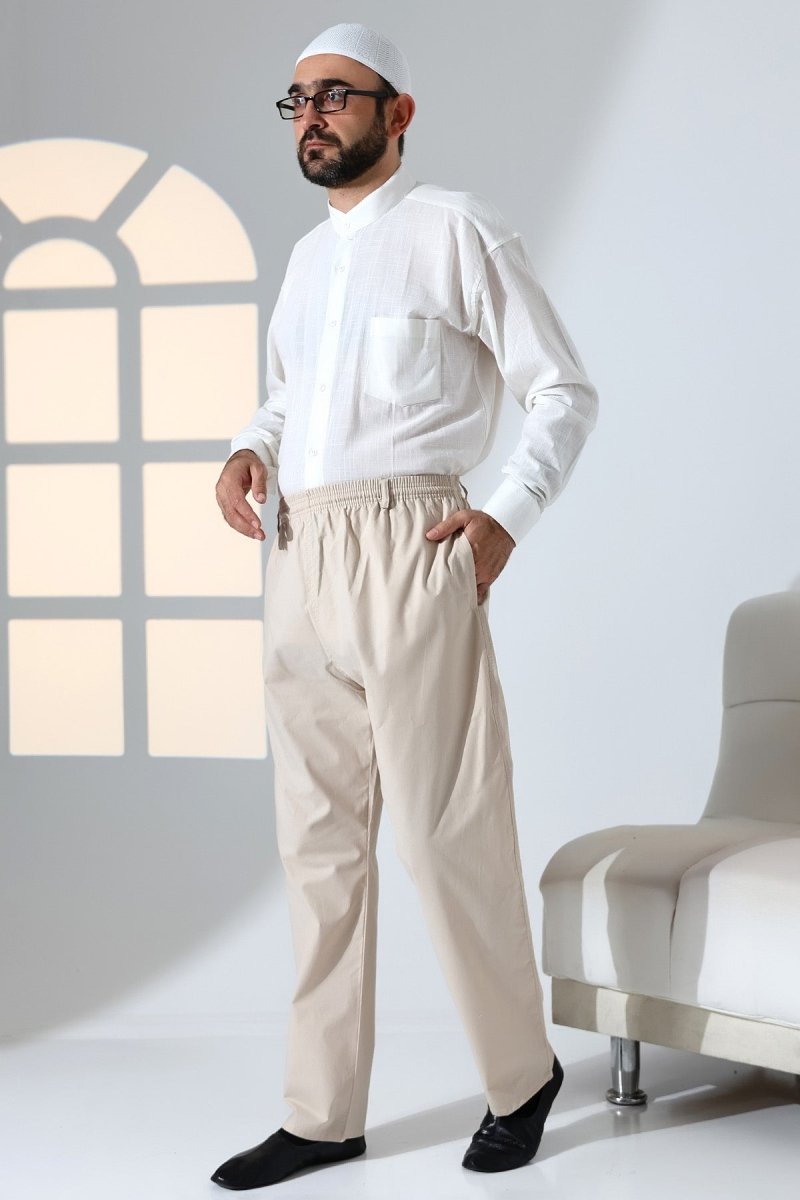 Men's Relaxed Fit Linen Harem Pants with Elastic Waist and Pockets, Suitable for Hajj and Umrah - Beige (KRK) - ihvan