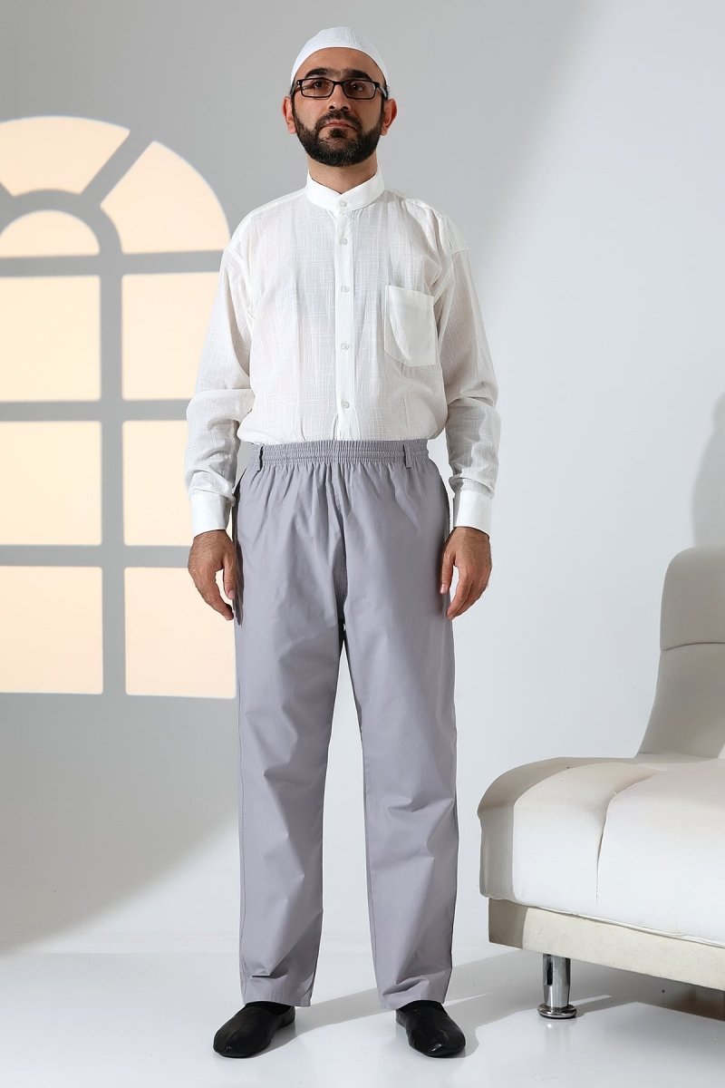 Men's Relaxed Fit Linen Harem Pants with Elastic Waist and Pockets, Suitable for Hajj and Umrah - Grey (KRK) - ihvan