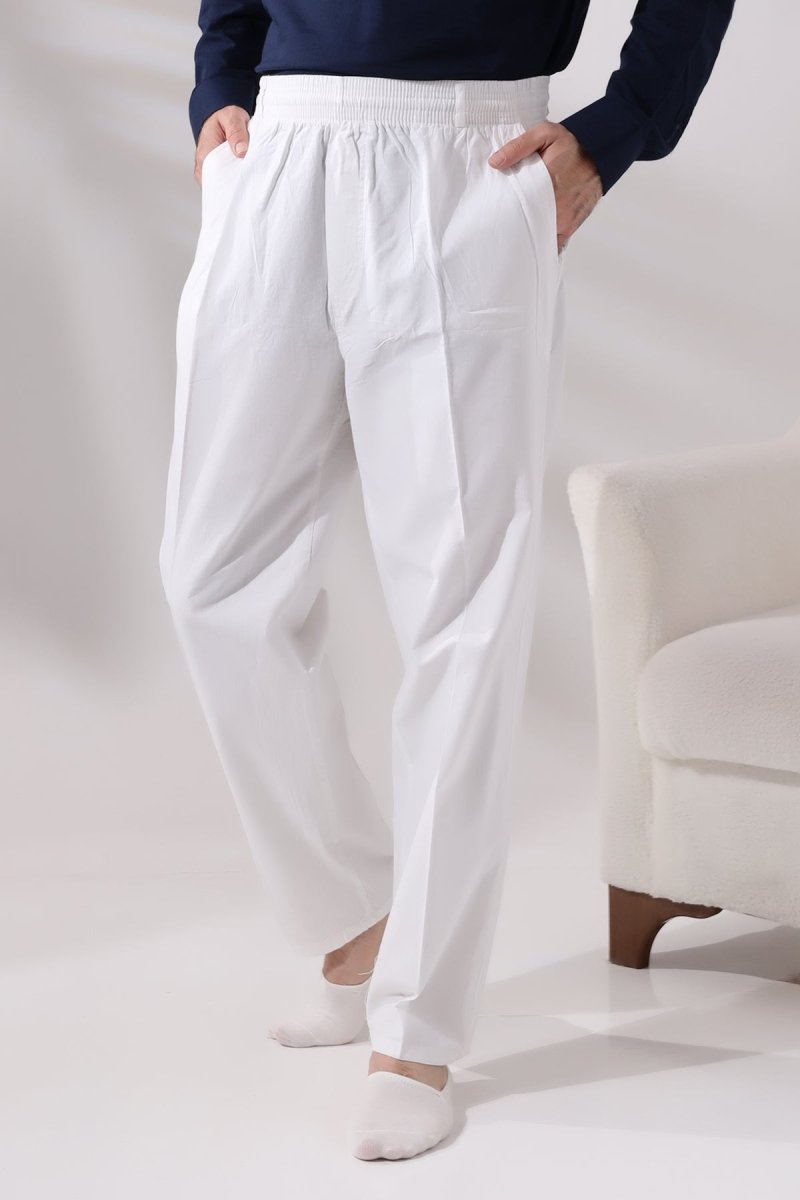 Men's White Relaxed Fit Linen Hajj and Umrah Harem Pants with Elastic Waistband - ihvan