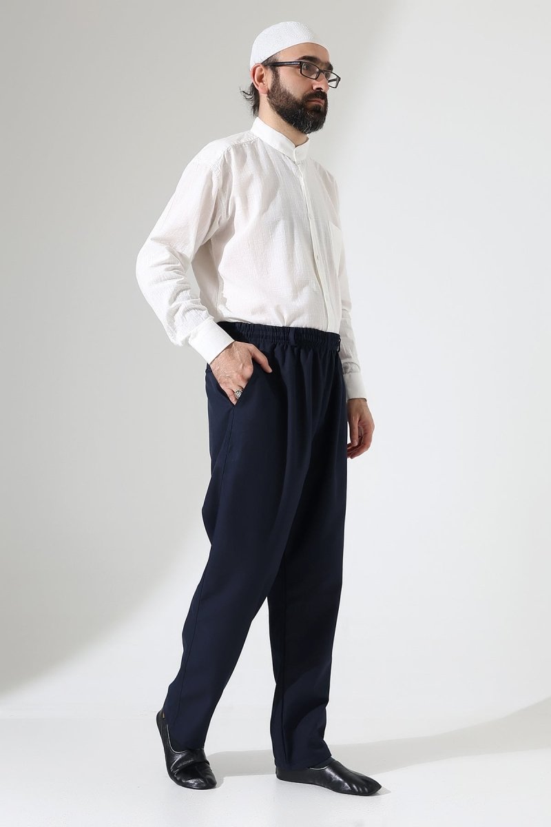 Men's Winter Comfortable Fit Elastic Waist Pocketed Modern Fabric Harem Pants - Navy Blue (IHVN) - ihvan