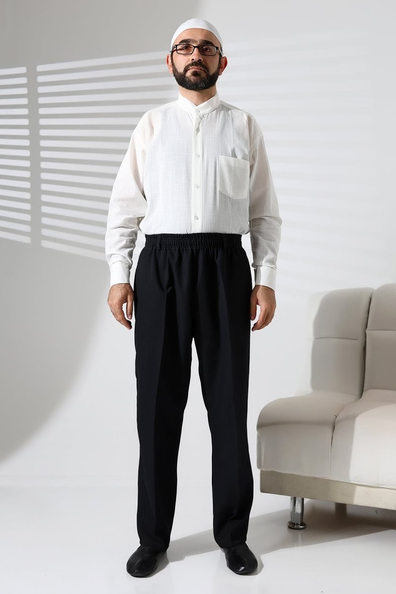 Men's Winter Wool-Influence Fabric Harem Pants with Elastic Waist and Pockets - Black (ISR) - ihvan