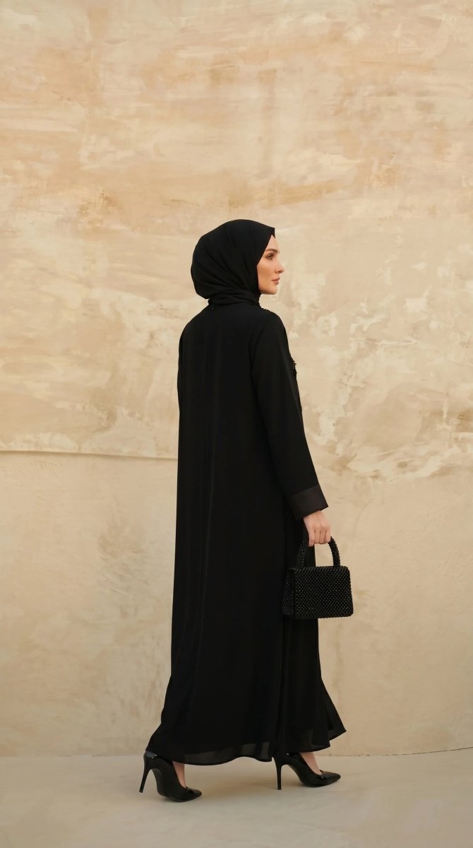 Mevlana Stone Embellished Abaya, Flared Cut, Zippered, Satin Cuffs, Black 9587 - 26 - ihvan