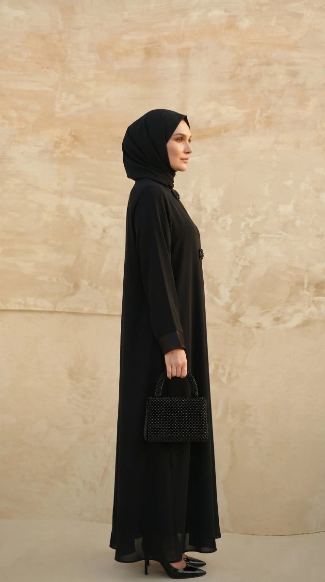 Mevlana Stone Embellished Abaya, Flared Cut, Zippered, Satin Cuffs, Black 9587 - 26 - ihvan